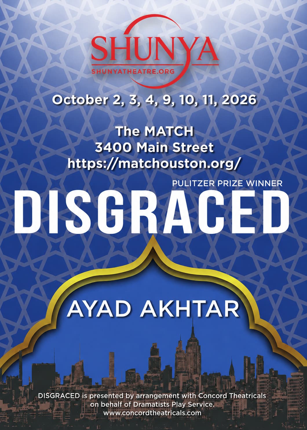 Official poster for Disgraced by Ayad Akhtar: the title over a Mughal arch framing the New York skyline